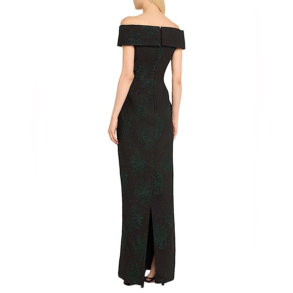 NWT Rickie Freeman Teri Jon black green pewter jacquard off shoulder formal gown - Picture 8 of 12